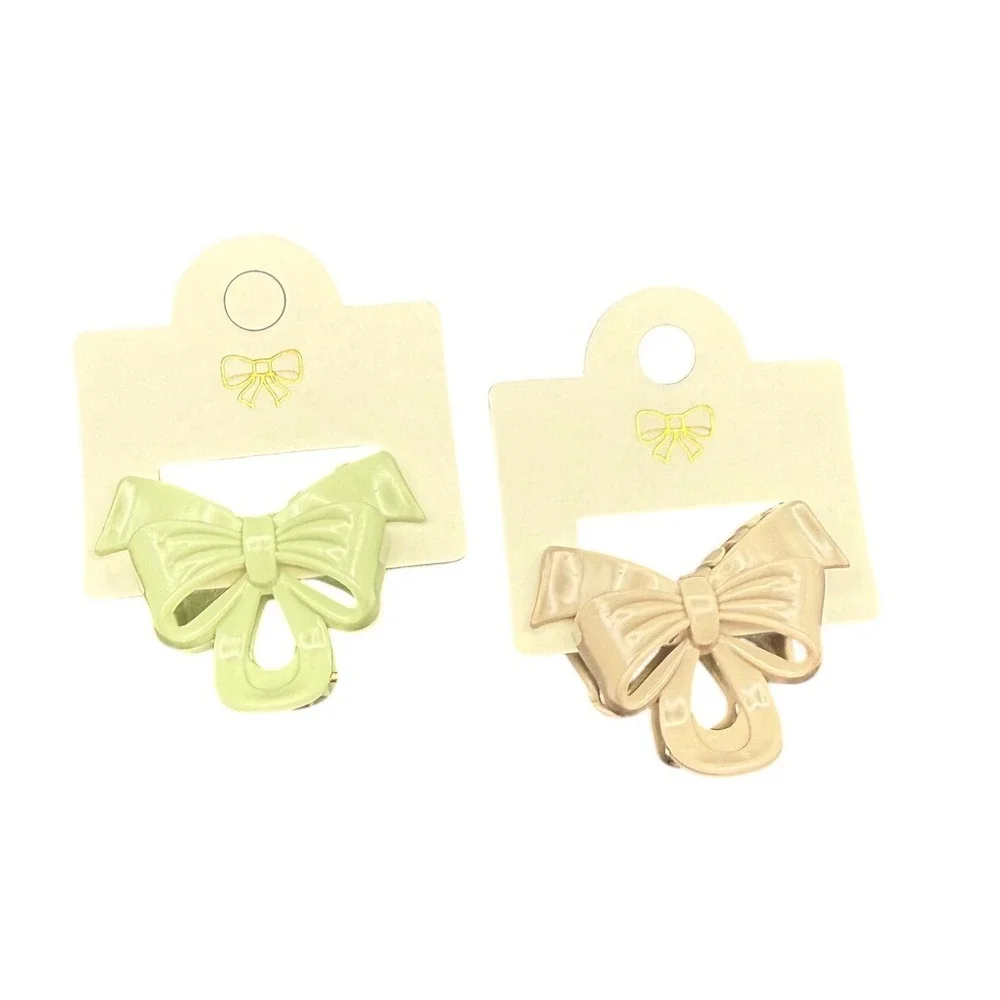 Set of 2 Matte mini Bow Hair Clips‎ Sage Green and Tan Beige Ribbon Style Clips